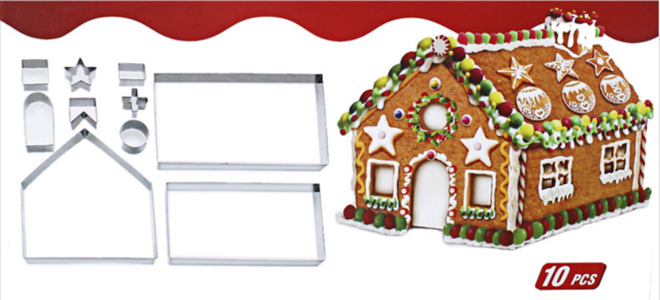 A set of 10 3D stainless steel cookie cutters for gingerbread houses.