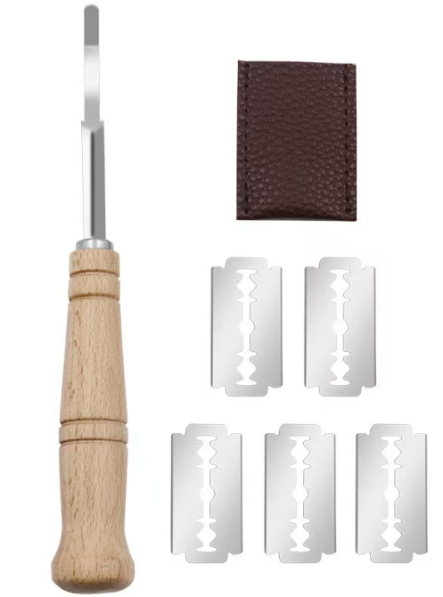 Wood-handled curved bread slicing knife