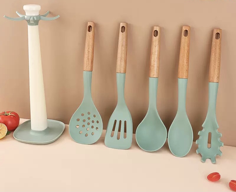 6-pieces silicone wooden handle utensil set