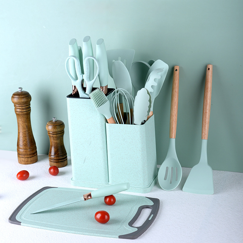 19-pieces silicone wooden handle utensil set