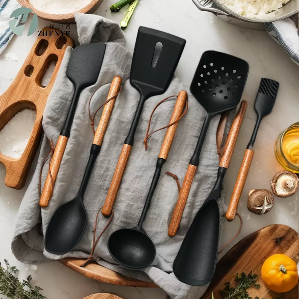 7-pieces silicone wooden handle utensil set