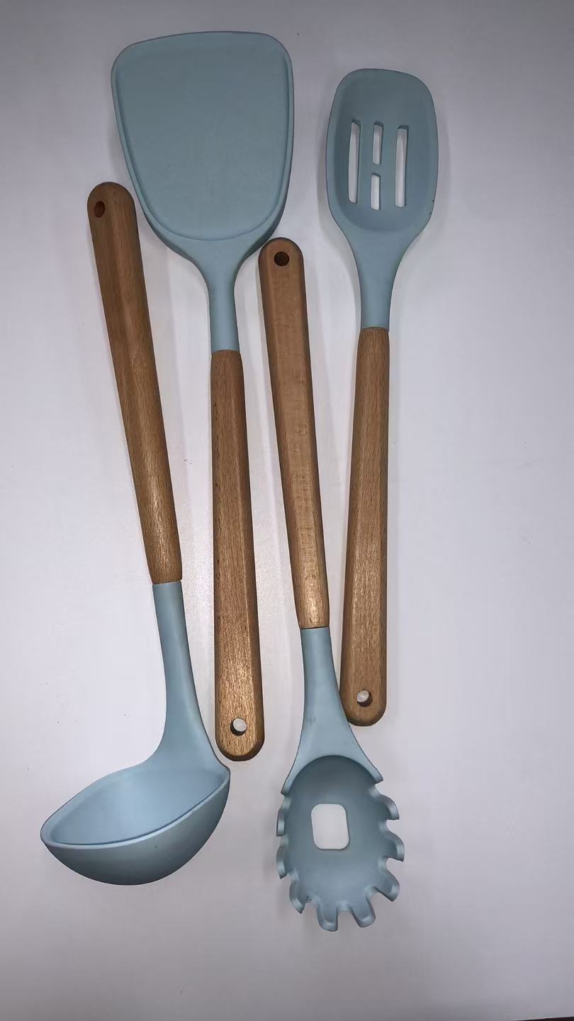 4-pieces silicone wooden handle utensil set