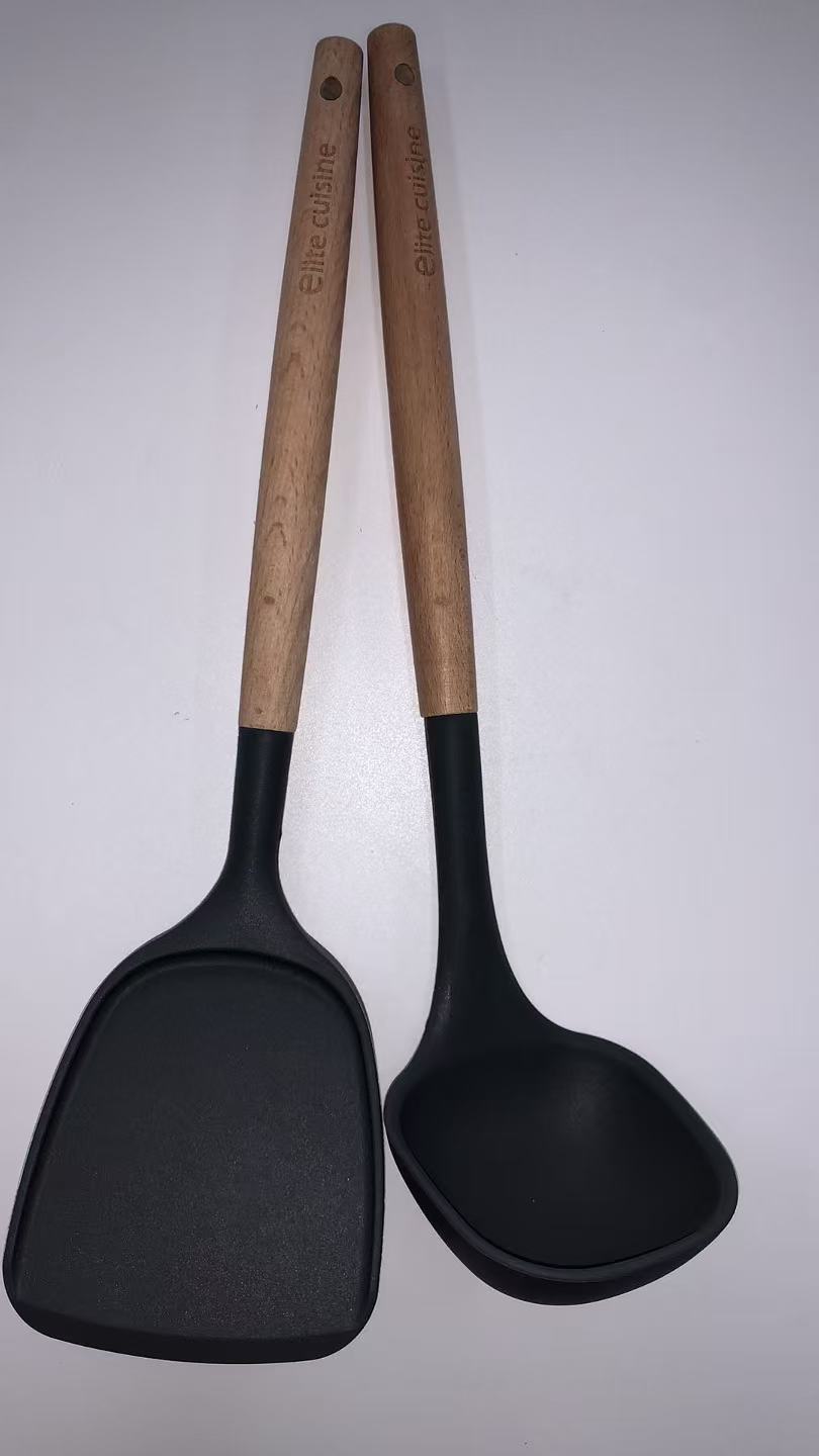 2-pieces silicone wooden handle utensil set
