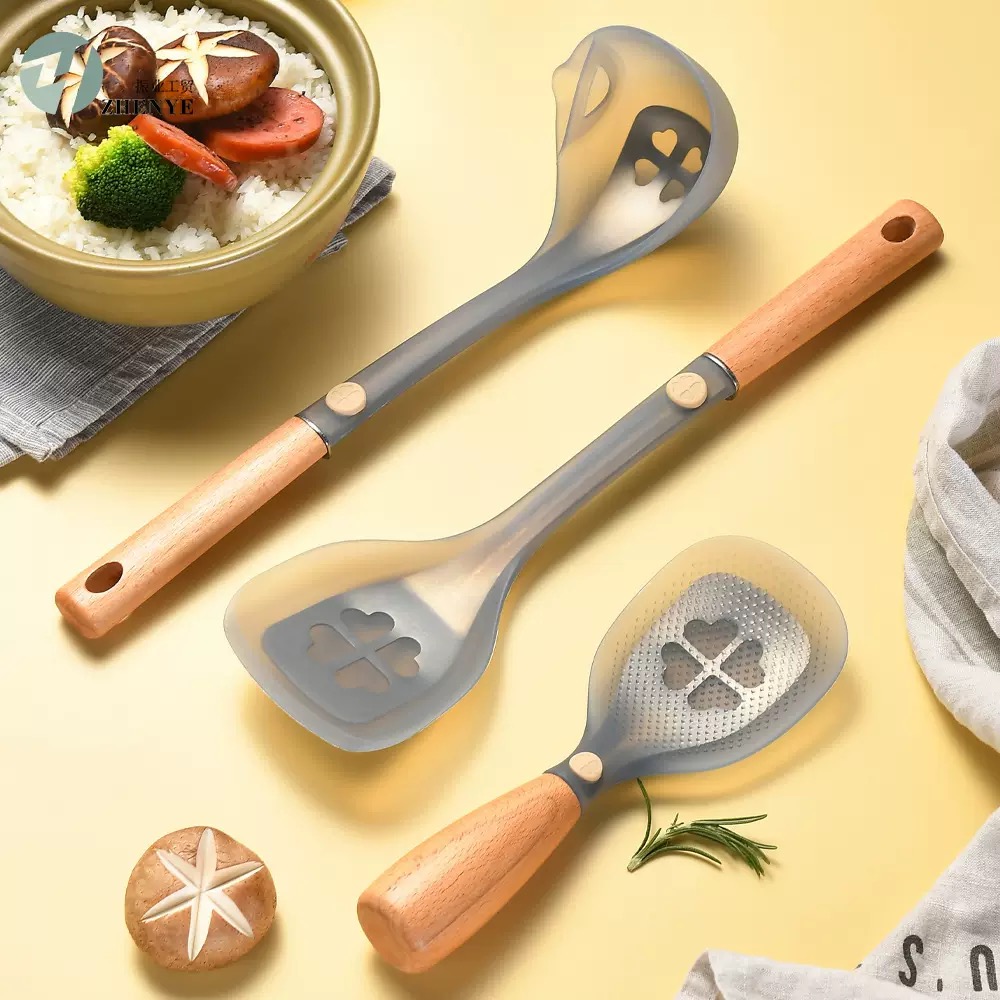 3-pieces silicone wooden handle utensil set