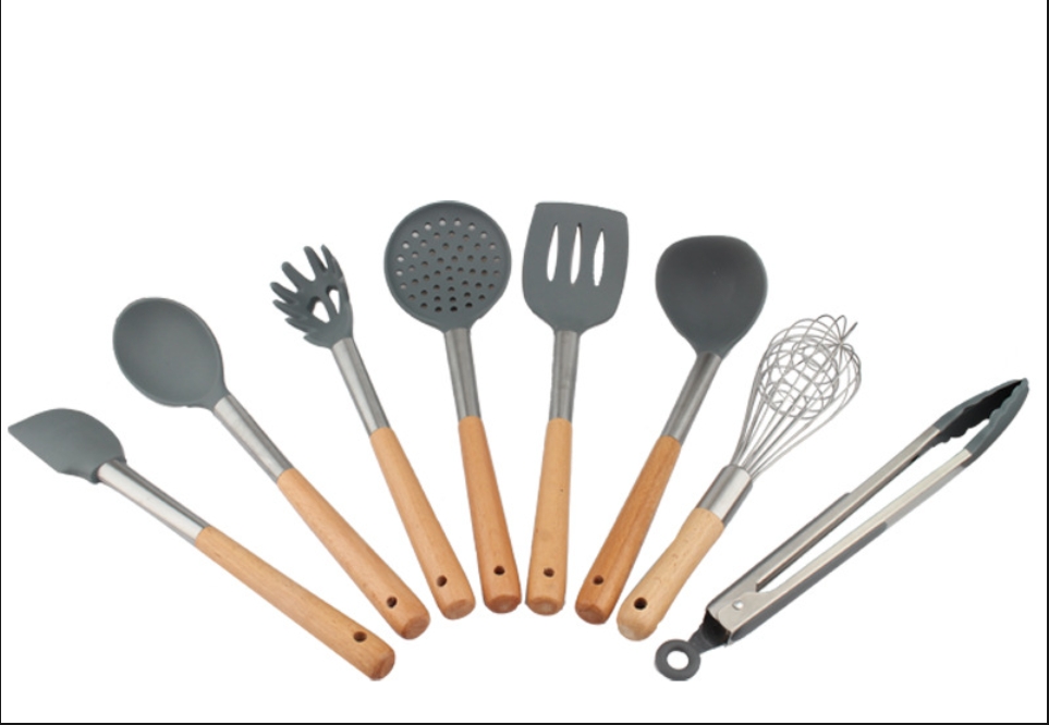 8-pieces silicone wooden handle utensil set