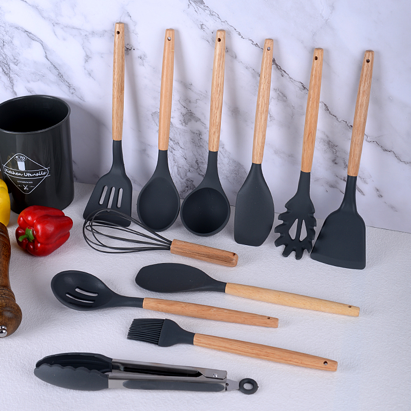 12-pieces silicone wooden handle utensil set